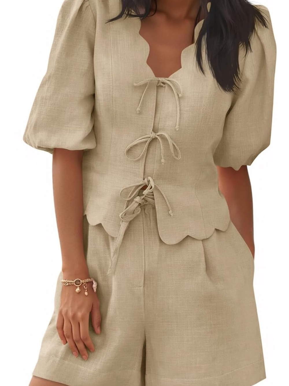 Scallop-Edge Tie-Front Linen Top and Shorts Set - Beige